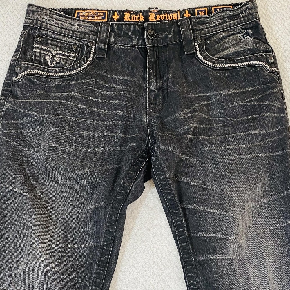 Rock Revival Steven Jeans Mens 36x32 Fits 38 Black Dark Wash Relaxed Straight